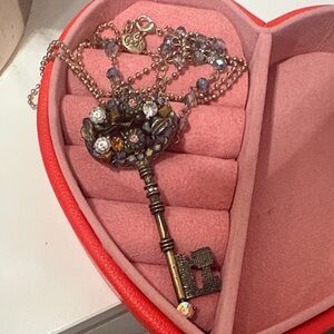 Betsey Johnson Brass Key Pendant Necklace with Crystal Flowers LONG